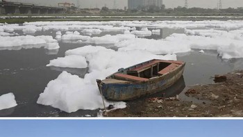 Pada tahun lalu, India kembali menduduki puncak dengan tempat paling tercemar di dunia. Ini adalah potre Sungai Yamuna di New Delhi, India pada gambar atas diambil padang tanggal 21 Maret 2018, sedangkan foto bawah pada 8 April 2020. (Foto: Boredpanda)