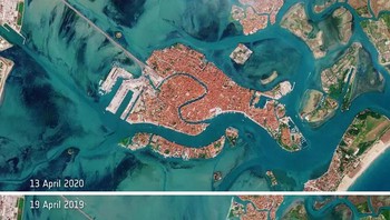 Upaya Italia untuk membatasi penyebaran penyakit coronavirus telah menyebabkan penurunan lalu lintas kapal di perairan Venesia yang terkenal. Pada gambar yang diambil oleh misi Copernicus Sentinel-2. Gambar diatas, diambil pada 13 April 2020 yang menunjukkan kurangnya lalu lintas kapal yang berbeda dibandingkan dengan gambar dari 19 April 2019. (Foto: Boredpanda)