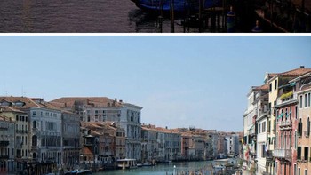 Kanal Besar di Venesia, Italia terlihat di sini digambarkan pada 6 Januari 2018 (atas). Tetapi setelah dilockdown, foto-foto baru muncul dari kanal-kanal yang terlihat sangat jernih. Gambar bawah diambil pada 17 April 2020. (Foto: Boredpanda)