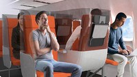 Desain lainnya yaitu Janus, alias kursi berwajah dua. Desain ini berupa pengaturan konfigurasi kursi pesawat, dimana traveler yang duduk di tengah akan menghadap belakang. (dok. Avio Interiors)