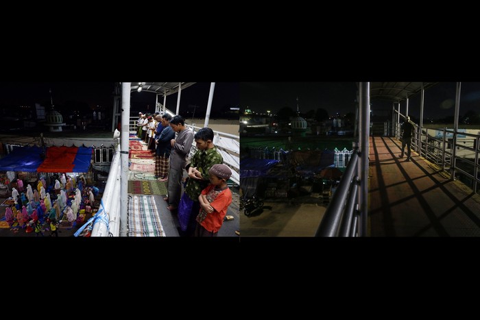 PELAKSANAAN SHALAT TARAWIH DITIADAKAN Foto kombo sejumlah umat Islam melaksanakan Shalat Tarawih sebelum ditiadakan (kiri) dan suasana sesudah ditiadakan (kanan) di Pasar Gembrong, Jakarta, Kamis (23/4/2020). Kementerian Agama menyatakan bahwa kegiatan masyarakat selama bulan puasa seperti Shalat Tarawih di masjid ditiadakan untuk mencegah penyebaran COVID-19. ANTARA FOTO/Rivan Awal Lingga/aww.