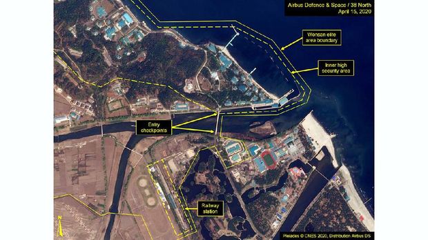This Wednesday, April 15, 2020, satellite image provided by Airbus Defence & Space and annotated by 38 North, a website specializing in North Korea studies, shows overview of Wonsan complex in Wonsan, North Korea. Recent satellite photos show a train probably belonging to North Korean leader Kim Jong Un has been spotted on the country’s east coast amid mounting speculation about his health. (Airbus Defence & Space and 38 North, Pleiades©CNES 2020, Distribution Airbus DS via AP)