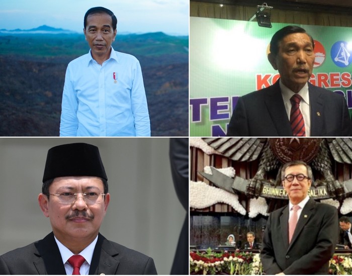 Foto ilustrasi: Jokowi, Luhut, Terawan, dan Yasonna. Sentimen negatif dari netizen terarah pada empat tokoh penting ini, menurut INDEF. (Repro detikcom)