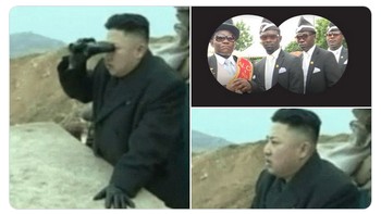 Ada lagi meme Kim Jong Un meneropong seolah melihat Ghana Pallbearers yang viral dan identik dengan kematian (Twitter)