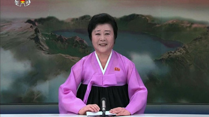 This picture taken from North Korean TV on February 7, 2016 shows a North Korean television anchorwoman announcing the launch of the countrys earth observation satellite Kwangmyong 4. North Korea said on February 7, it had successfully put a satellite into orbit, with a rocket launch widely condemned as a ballistic missile test for a weapons delivery system to strike the US mainland. REPUBLIC OF KOREA OUT -- RESTRICTED TO SUBSCRIPTION USE -- AFP PHOTO / North Korean TV 
-- NO MARKETING - NO ADVERTISING CAMPAIGNS - DISTRIBUTED AS A SERVICE TO CLIENTS
-- THIS PICTURE WAS MADE AVAILABLE BY A THIRD PARTY. AFP CAN NOT INDEPENDENTLY VERIFY THE AUTHENTICITY, LOCATION, DATE AND CONTENT OF THIS IMAGE. THIS PHOTO IS DISTRIBUTED EXACTLY AS RECEIVED BY AFP. (Photo by Handout / NORTH KOREAN TV / AFP)
