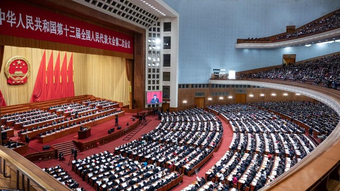 (FILES) This file photo taken on March 12, 2019 shows a general view of a plenary session of the National Peoples Congress (NPC) at the Great Hall of the People in Beijing. - Chinas top legislature will hold its annual session in May 2020 after postponing the meeting for the first time in decades due to the virus outbreak, the countrys official news agency said on April 29, 2020. (Photo by Fred DUFOUR / AFP)