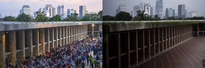 Foto kolase umat muslim menanti waktu berbuka puasa (kiri) pada (6/5/2019) dan suasana sesudah ditiadakan di Masjid Istiqlal, Jakarta Pusat, Selasa (28/4/2020). Masjid Istiqlal tidak menggelar buka bersama dan shalat tarawih berjamaah serta aktivitas keagamaan lain saat Ramadhan selama pandemi COVID-19 demi mencegah meluasnya penularan virus tersebut. ANTARA FOTO/Sigid Kurniawan/hp.
