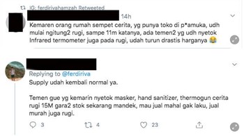 Sampai akhirnya supply dari masker mulai membaik dan beberapa penimbun masker mengalami kerugian, waduh. Foto: Twitter