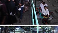  Foto kolase perbandingan suasana kompleks Makam Sunan Ampel saat bulan Ramadhan pada 2019 sebelum adanya pandemi COVID-19 (atas) dan saat pandemi COVID-19 (bawah), Surabaya, Selasa (28/4/2020) malam.