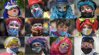 Foto kolase para badut dan seniman jalanan saat protes di Monumen Revolusi, Kota Meksiko (30/4/2020). Mereka memprotes larangan tampil di depan publik yang membuat pendapatan para badut turun drastis. PEDRO PARDO/AFP via Getty Images.