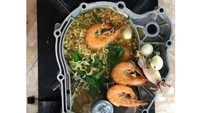 Makanannya sih boleh mewah, tapi wadahnya pakai alat-alat bengkel. Foto: twitter