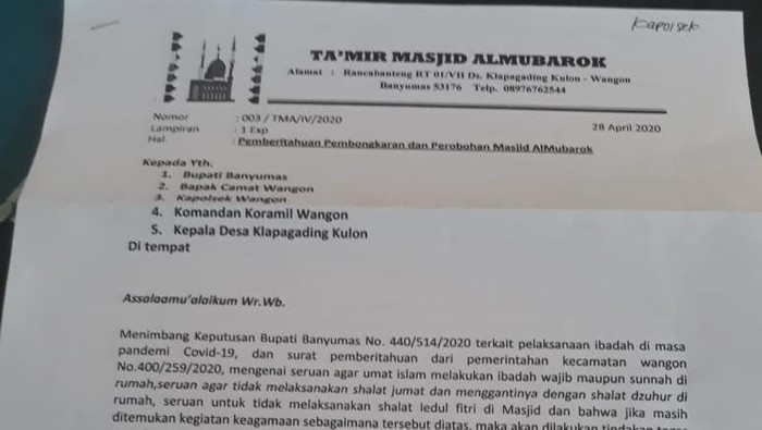 Surat rencana pembongkaran Masjid AlMubarok, Banyumas.