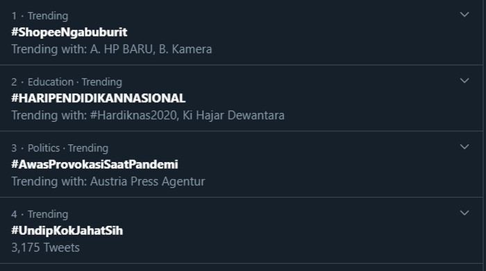 tangkapan layar trending topic #UndipKokJahatSih di Indonesia