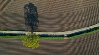 Petani mengoperasikan traktor untuk membajak ladang di Warrington, 25 km sebelah barat Manchester, Inggris (1/5/2020).