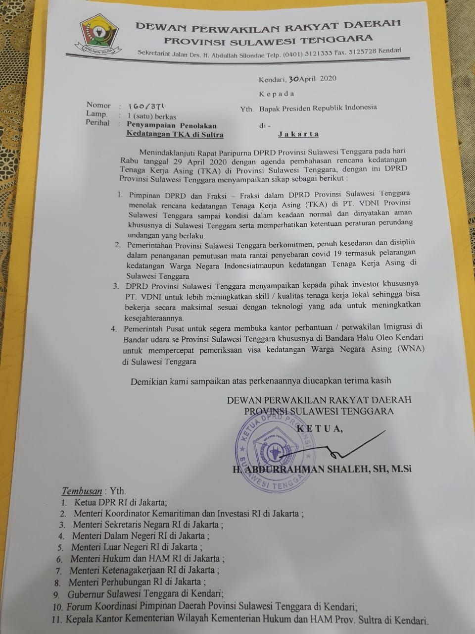 Surat penolakan TKA China dari DPRD Sultra untuk Presiden Jokowi