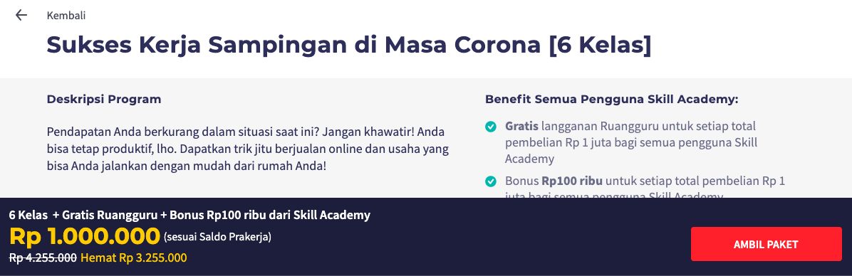Sukses Kerja Sampingan, program kartu prakerja yang dipatok harga Rp 1 juta. (Tangkapan layar situs Skil Academy Ruangguru)