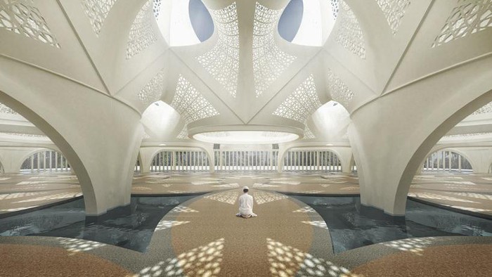 Mosque of Light di Dubai jadi salah satu masjid paling unik di dunia. Permainan cahaya dari arsitektur masjid itu membuat Mosque of Light kian memesona.