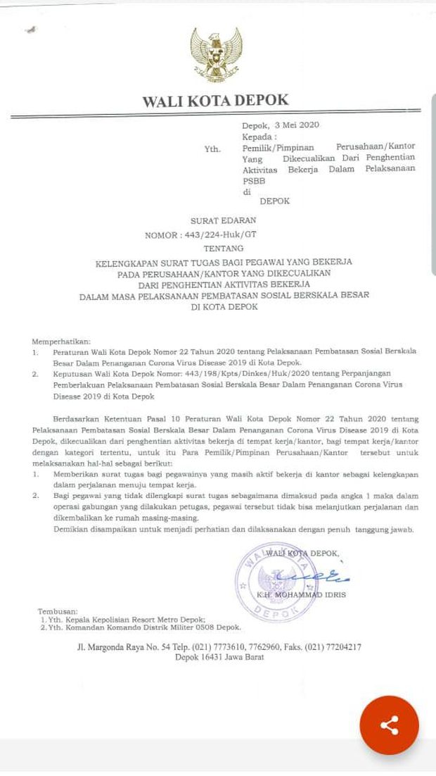 Warga Depok Yang Masih Kerja Saat Psbb Harus Bawa Surat Tugas