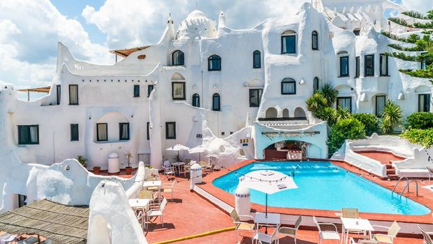 Garden of the famous Casapueblo, the Whitewashed cement and stucco buildings near the town of Punta Del Este, Uruguay, January 28th 2019
