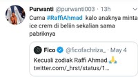 Awalnya seorang netizen mengunggah hasil ramalan zodiak yang mengatakan semua zodiak dilanda masalah keuangan. Tapi ia berdalih kalau ramalan zodiak ini tak berlaku pada Raffi Ahmad. Dari sini ribuan orang mengunggah cuitan. Foto: twitter