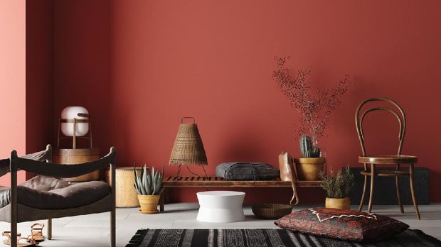 Rustic Home interior mockup with bench,chairs and decor in red room, 3d rendering