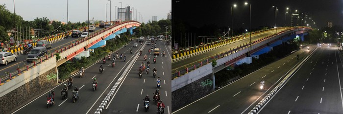 Foto kolase suasana Jalan Raya Wonokromo, Surabaya waktu siang hari (kiri) dan malam hari (kanan) saat hari ketujuh pelaksanaan Pembatasan Sosial Berskala Besar (PSBB) di Surabaya, Jawa Timur, Senin (4/5/2020). Aktifitas kendaraan bermotor yang melintas waktu malam terpantau sepi seiring diberlakukannya pembatasan aktivitas malam hari saat PSBB. ANTARA FOTO/Didik Suhartono/foc.