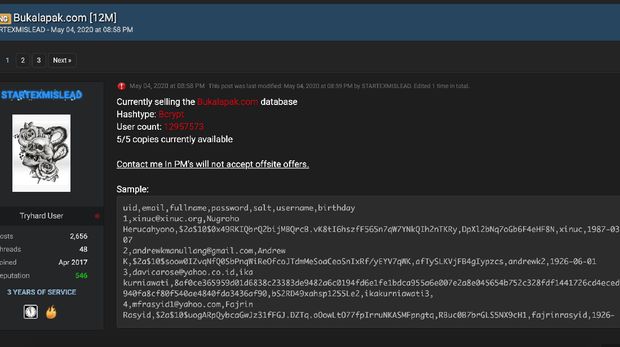 Data bukalapak dijual di Raid Forums