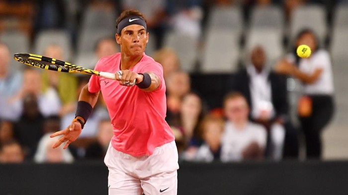CAPE TOWN, SOUTH AFRICA - FEBRUARY 07: Rafael Nadal of Spain plays a forehand during the Match in Africa between Roger Federer and Rafael Nadal at Cape Town Stadium on February 07, 2020 in Cape Town, South Africa. (Photo by Ashley Vlotman/Gallo Images/Getty Images)