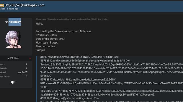 Data bukalapak dijual di Raid Forums