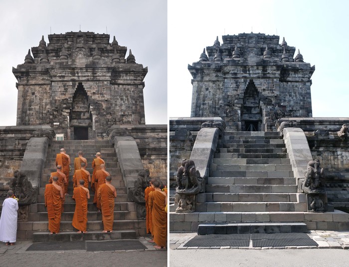 PERAYAAN WAISAK DI BOROBUDUR DITIADAKAN Foto kolase perbandingan suasana perayaan hari raya Tri Suci Waisak sebelum adanya pandemi COVID-19 (atas) dan saat pandemi COVID-19 (bawah) di kawasan Borobudur, Magelang, Jawa Tengah, Kamis (7/4/2020). Dewan Pengurus Pusat Perwakilan Umat Buddha Indonesia (WALUBI) tidak menyelenggarakan perayaan kegiatan Waisak tahun 2020 di candi Mendut dan Candi Borobudur untuk mencegah penyebaran pandemi COVID-19. ANTARA FOTO/Anis Efizudin/aww.