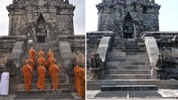 Foto kolase perbandingan suasana perayaan hari raya Tri Suci Waisak sebelum adanya pandemi COVID-19 (kiri) dan saat pandemi COVID-19 (kanan) di kawasan Borobudur, Magelang, Jawa Tengah, Kamis (7/4/2020).