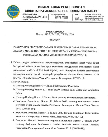 Surat Edaran Dirjen Perhubungan Darat tentang Pengaturan Penyelenggaran Transportasi Darat Selama Masa Dilarang Mudik