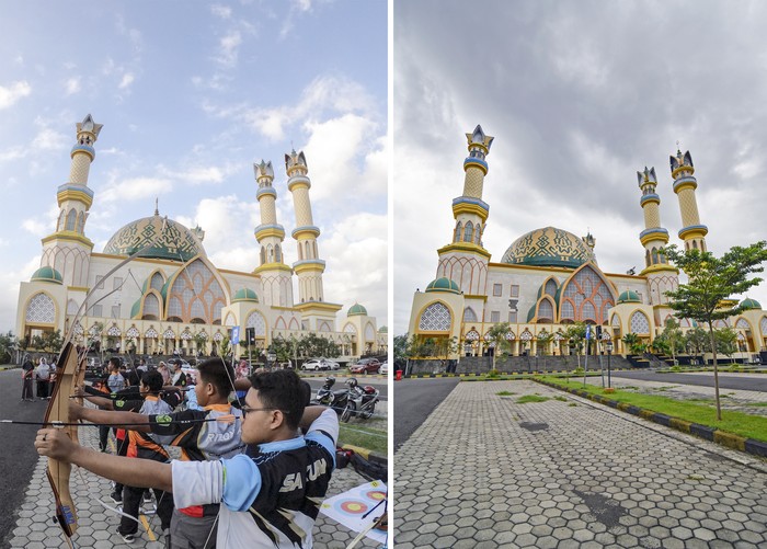 Foto kolase perbandingan suasana menjelang berbuka puasa Ramadhan sebelum adanya pandemi COVID-19 (atas) dan saat pandemi COVID-19 (bawah) di halaman Masjid Hubbul Wathan Islamic Center NTB di Mataram, NTB, Jumat (8/5/2020). Pihak pengurus Masjid Hubbul Wathan Islamic Center NTB menutup dan menghentikan sementara waktu kegiatan dan aktivitas di masjid tersebut guna memutus penyebaran virus corona (COVID-19). ANTARA FOTO/Ahmad Subaidi/wsj.