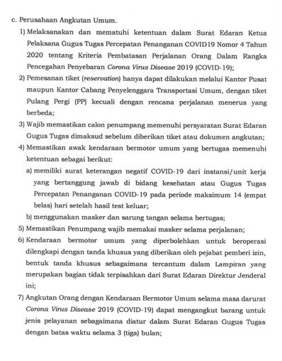 Surat Edaran Dirjen Perhubungan Darat tentang Pengaturan Penyelenggaran Transportasi Darat Selama Masa Dilarang Mudik