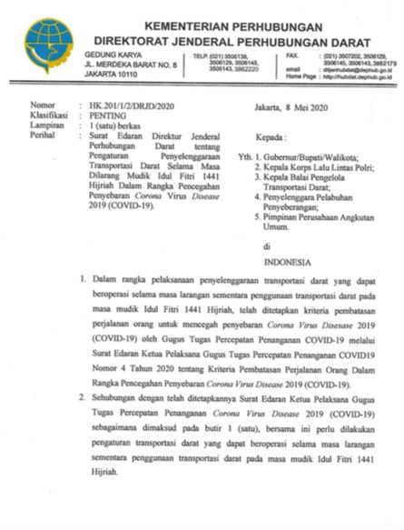 Surat Edaran Dirjen Perhubungan Darat tentang Pengaturan Penyelenggaran Transportasi Darat Selama Masa Dilarang Mudik