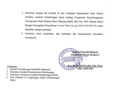 Surat Edaran Dirjen Perhubungan Darat tentang Pengaturan Penyelenggaran Transportasi Darat Selama Masa Dilarang Mudik