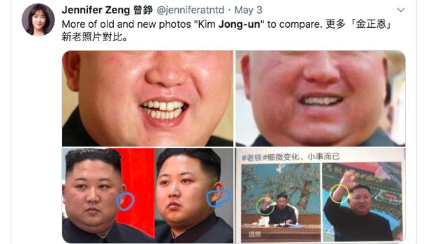Twitter @jenniferatntd mempertanyakan keaslian sosok Kim Jong Un yang tampil ke publik.