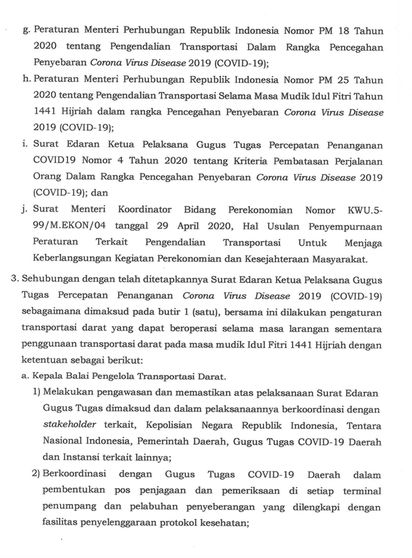 Surat Edaran Dirjen Perhubungan Darat tentang Pengaturan Penyelenggaran Transportasi Darat Selama Masa Dilarang Mudik