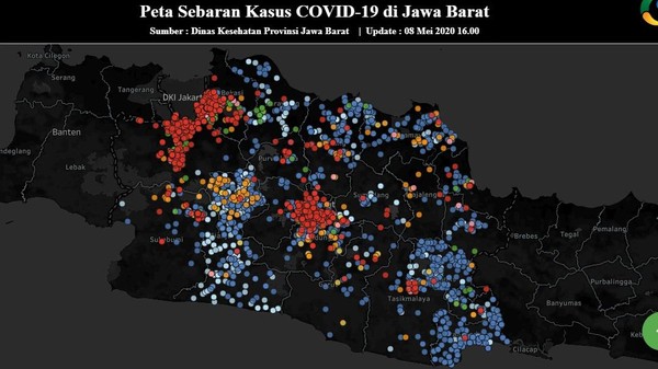Jawa Barat menjadi provinsi lain dengan kasus corona tertinggi di Indonesia. Tiga wilayah ditandai dengan warna merah karena memiliki jumlah kasus COVID-19 tertinggi yaitu Kota Bandung, Bekasi, dan Depok. Sebaran kasus dalam peta yang diunggah https://pikobar.jabarprov.go.id/ menyatakan, beberapa pasien sudah berhasil sembuh yang ditandai titik hijau. Namun dengan jumlah kasus yang terus meningkat, Jawa Barat berada di zona merah dan menerapkan PSBB. Jawa Barat tak lagi ada di zona kuning atau oranye, sehingga semua warga hanya boleh bepergian dalam kondisi mendesak. Jawa Barat menjadi provinsi lain dengan kasus corona tertinggi di Indonesia. Tiga wilayah ditandai dengan warna merah karena memiliki jumlah kasus COVID-19 tertinggi yaitu Kota Bandung, Bekasi, dan Depok. Sebaran kasus dalam peta yang diunggah https://pikobar.jabarprov.go.id/ menyatakan, beberapa pasien sudah berhasil sembuh yang ditandai titik hijau. Namun dengan jumlah kasus yang terus meningkat, Jawa Barat berada di zona merah dan menerapkan PSBB. Jawa Barat tak lagi ada di zona kuning atau oranye, sehingga semua warga hanya boleh bepergian dalam kondisi mendesak.