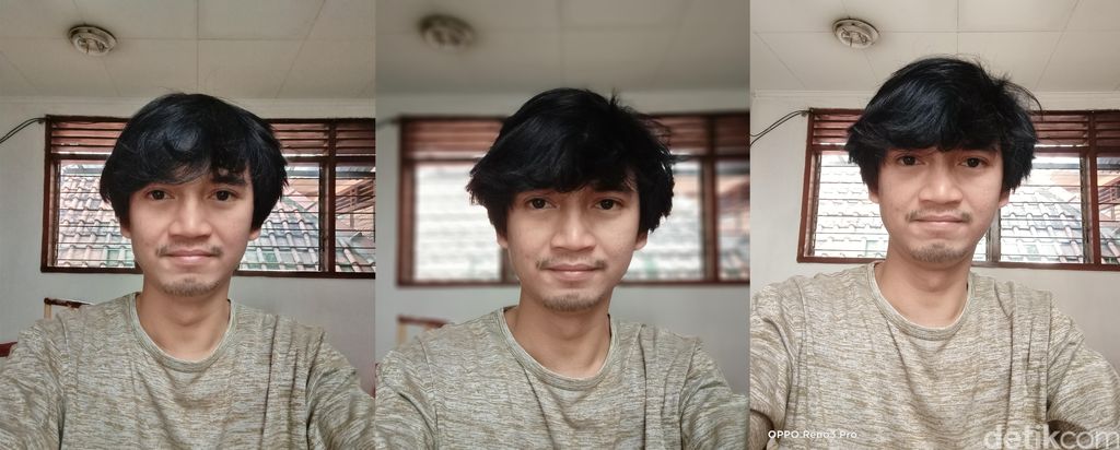 Selfie standar (kiri), portrait (tengah), 44 MP  (kanan)