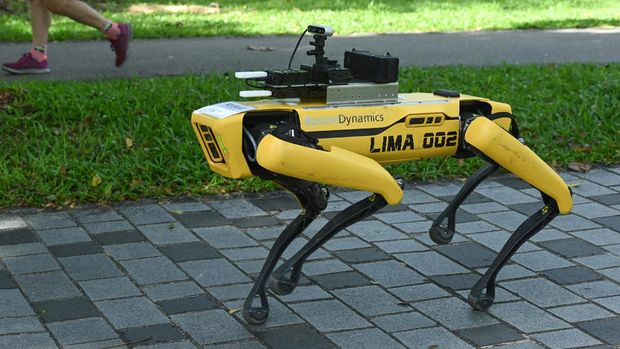 A four-legged robot called Spot, which broadcasts a recorded message reminding people to observe safe distancing as a preventive measure against the spread of the COVID-19 novel coronavirus, is seen during its two-week trial at the Bishan-Ang Moh Kio Park in Singapore on May 8, 2020. (Photo by Roslan RAHMAN / AFP)