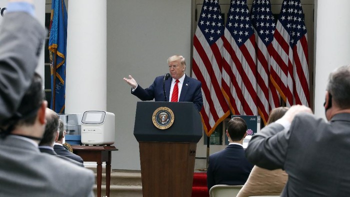 President Donald Trump speaks about the coronavirus during a press briefing in the Rose Garden of the White House, Monday, May 11, 2020, in Washington. (AP Photo/Alex Brandon)