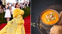 Aamras merupakan bumbu rempah atau saus berwarna kuning cerah yang biasa digunakan sebagai cocolan makanan. Ternyata aamras mirip seperti warna gaun yang dimiliki Rihanna. Foto: Twitter @deepraaajjj
