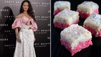 Rose barfi merupakan salah satu kue manis populer di India. Tampilannya ternyata juga mirip dengan pakaian yang dikenakan Rihanna saat menghadiri acara brand kosmetiknya. Foto: Twitter @deepraaajjj