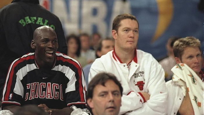 18 Oct 1997:  Michael Jordan, left, Luc Longley, center, and Steve Kerr, right, of the Chicago Bulls watch the action from the bench between the Chicago Bulls and the Olympiakos during the McDonalds Championship at the Palais  Omnisports De Paris-Bercy in Paris, France.  The Bulls won the game 104-78. Mandatory Credit: John Gichigi  /Allsport