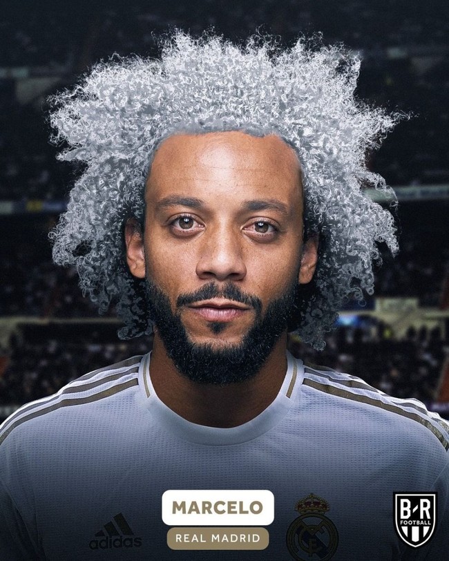 Punya rambut putih seperti jersey Real Madrid, Marcelo malah tampak lebih tua ya? (Foto: Instagram/ @brfootball)