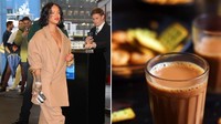 Pakai mantel berwarna cokelat muda, Rihanna punya tampilan senada dengan minuman chai yang punya banyak penggemar di India. Foto: Twitter @deepraaajjj