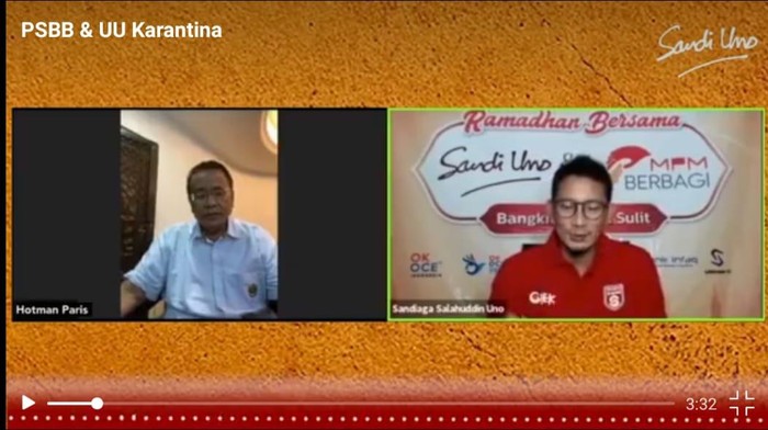Hotman Paris bincang online dengan Sandiaga Uno.