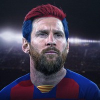 Rambut belang merah-biru Messi mirip banget sama tampilan Barcelona yang dipakainya.  (Foto: Instagram/ @brfootball)