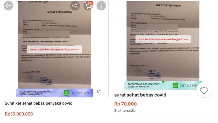 surat sehat bebas COVID-19 dijual online